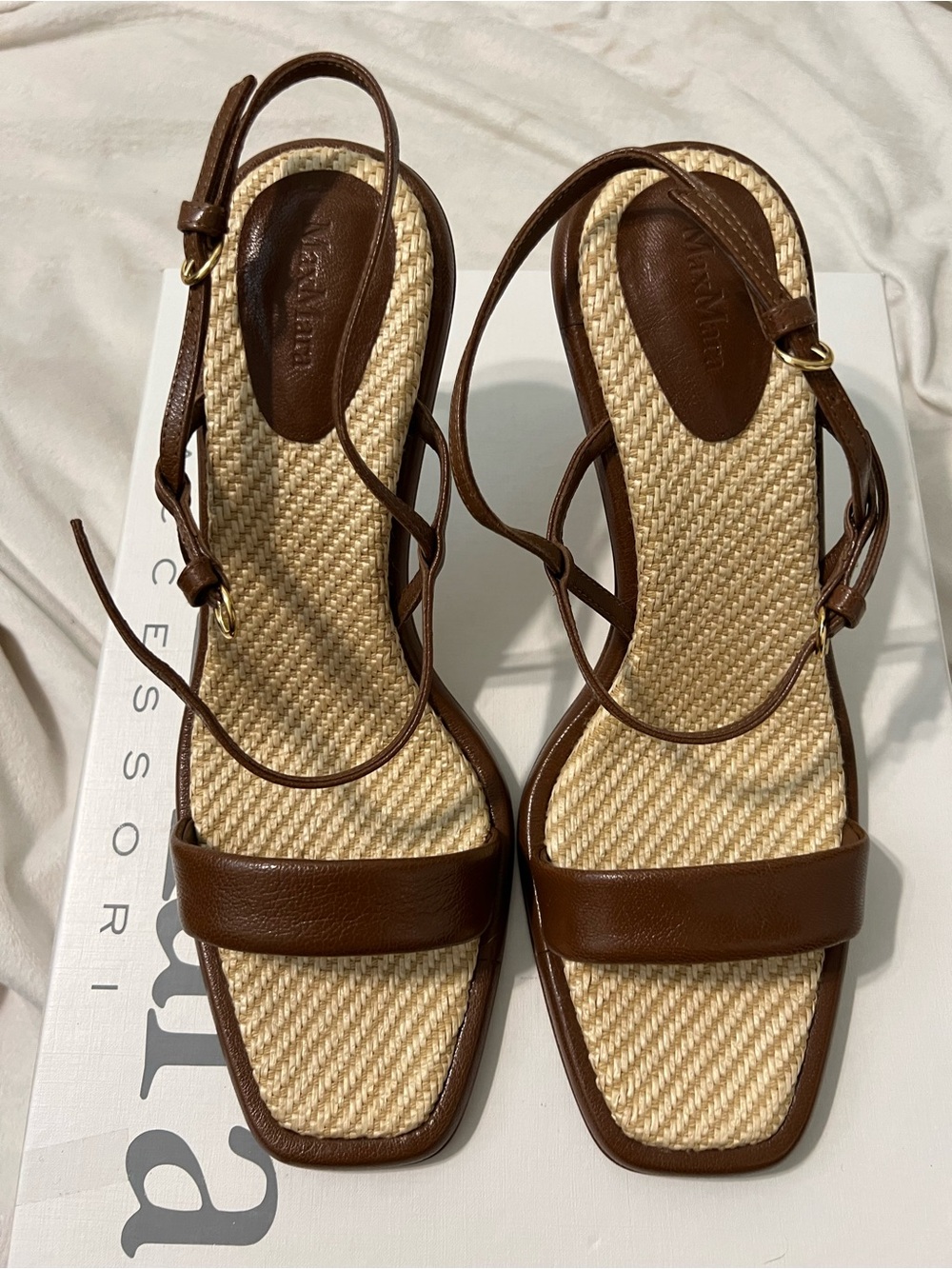 MaxMara Brown Leather Strap Woven Insole Heels Model Straw size 8.5